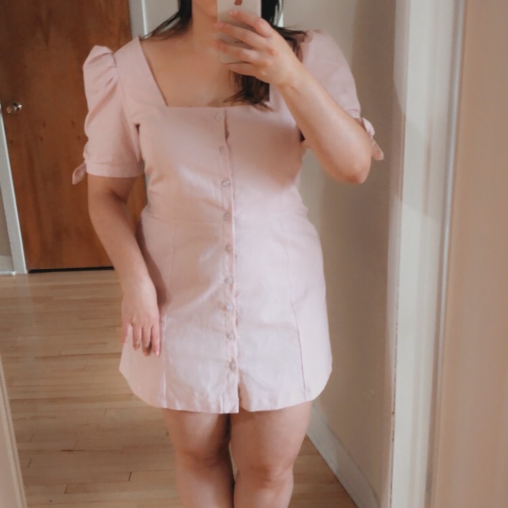 Pink linen handmade dress with sleeve detail